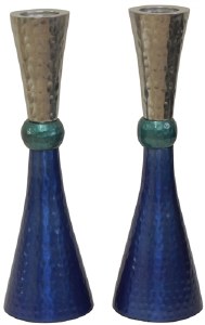 Candlesticks Nickel Plated Hammered Design Silver Teal and Blue 7"