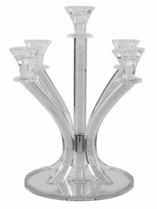Crystal Candelabra 5 Branches Light Silver Stones in Stems Round Mirror Base 14"