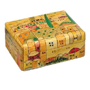 Yair Emanuel Small Wooden Jewelry Box - Wood Look with Jerusalem