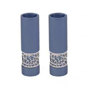 Yair Emanuel Candlesticks Blue Round Shaped Metal Pomegranate Design Accent