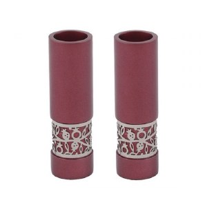 Yair Emanuel Candlesticks Maroon Round Shaped Metal Pomegranate Design Accent