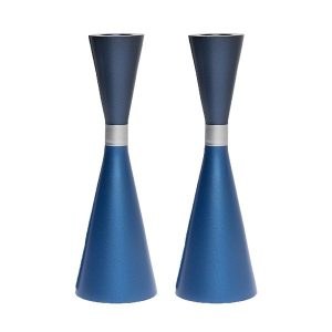 Yair Emanuel Anodized Aluminum Candlesticks Hour Glass Shape Ring Design Blue 7"