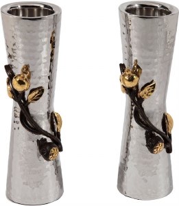 Yair Emanuel Large Hammered Candlesticks with Pomegranate Branch