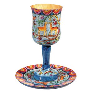 Yair Emanuel Wooden Kiddush Cup and Plate Set Oriental Design
