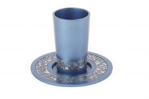 Yair Emanuel Kiddush Cup Anodized Aluminum Blue Trimmed with Silver Lace