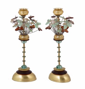 Yair Emanuel Candlesticks Brown and Green Butterfly Design 14"