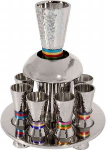 Yair Emanuel Hammered Nickel Wine Fountain with Cone Shaped Cups - Multicolor Rings