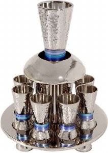 Yair Emanuel Hammered Nickel Wine Fountain with Cone Shaped Cups - Blue Rings