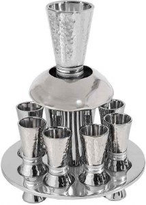 Yair Emanuel Hammered Nickel Wine Fountain with Cone Shaped Cups - Silver Rings