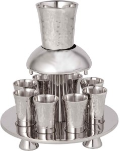 Yair Emanuel Nickel Wine Fountain Hammered Design Large Kiddush Cup with 8 Small Cups Silver