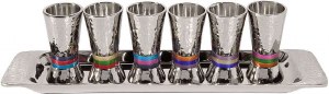 Yair Emanuel Hammered Nickel Cone Shaped Set of Six Liquor Cups - Multicolor Rings