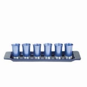 Yair Emanuel Anodized Aluminum Kiddush Set 6 Cups with Tray Blue with Silver Bottom Trim