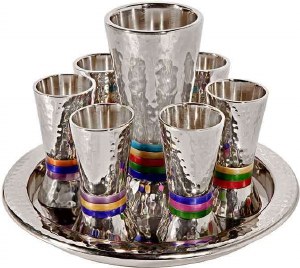 Yair Emanuel Kiddush Set Hammered Nickel Cone Shaped Designed with Multicolor Rings