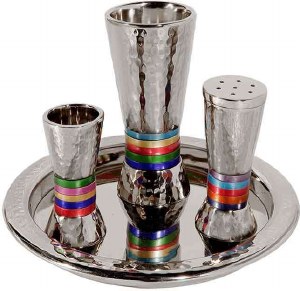 Yair Emanuel Hammered Nickel Cone Shaped Havdallah Set - Multicolor Rings