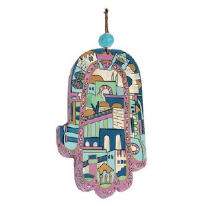 Yair Emanuel Large Wood Painted Hamsa - Blue Jerusalem