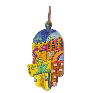 Yair Emanuel Small Wood Painted Hamsa - Jerusalem