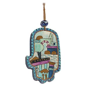 Yair Emanuel Small Wood Painted Hamsa - Blue Jerusalem