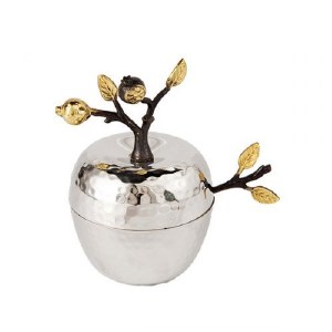 Yair Emanuel Honey Dish Hammered Stainless Steel Pomegranate Branch Design with Spoon