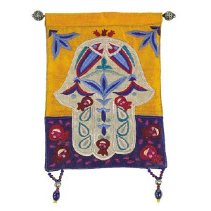 Yair Emanuel Raw Silk Large Wall Hanging - Multicolor Chamsa with Fish