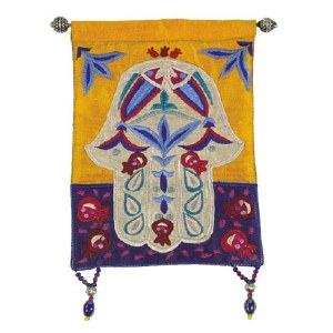 Yair Emanuel Raw Silk Large Wall Hanging - Multicolor Chamsa with Fish