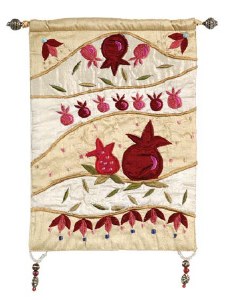 Yair Emanuel Raw Silk Large Wall Hanging with Pomegranate Embroidery