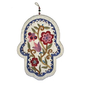 Yair Emanuel Large Embroidered Hamsa with Crystals - Flowers