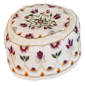 Yair Emanuel Hand Embroidered Bucharian Kippah -  Cream Flowers