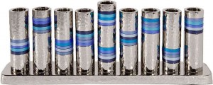 Yair Emanuel Hammered Nickel Menorah with Rearrangeable Branches Blue Rings Design