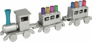 Yair Emanuel Anodized Train Menorah Silver with Multicolor Candles