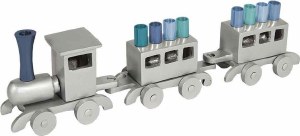 Yair Emanuel Anodized Train Candle Menorah Silver with Blue Candles