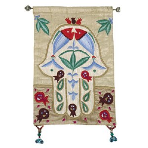 Yair Emanuel Raw Silk Small Wall Hanging - Gold Chamsa with Fish