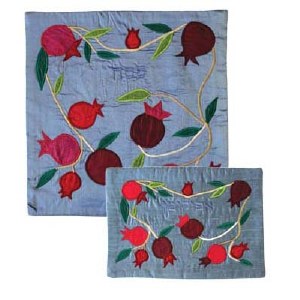 Yair Emanuel Raw Silk Matzah Cover - Pomegranates on Light Blue