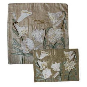Yair Emanuel Raw Silk Matzah Cover - Lilies on Silver