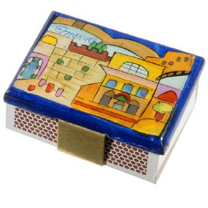 Yair Emanuel Matchbox Holder with Matchbox - Dark Blue Jerusalem / Western Wall