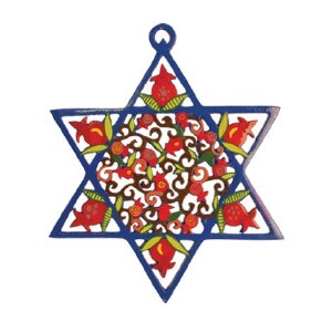 Yair Emanuel Lazer Cut Hand Painted Metal Wall Decor - Star of David with Pomegranates