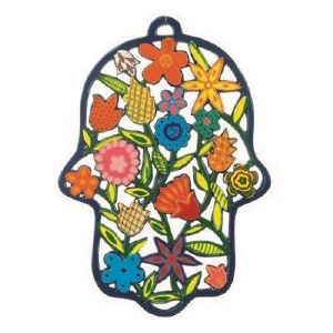 Yair Emanuel Large Laser Cut Metal Hamsa - Flowers