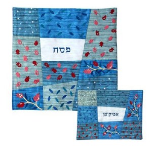 Yair Emanuel Embroidered with Patches Matzah Cover and Afikoman Bag Set - Blue
