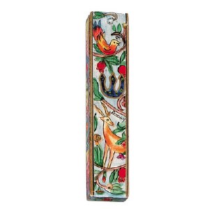 Yair Emanuel Square Wooden Mezuzah 15cm - Deer and Bird