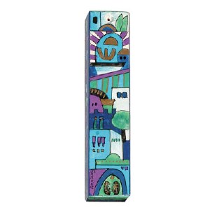 Yair Emanuel Square Wooden Mezuzah 15cm - Jerusalem in Blue