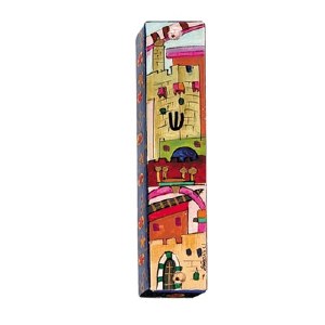 Yair Emanuel Square Wooden Mezuzah 12cm - Jerusalem Multicolor