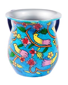 Yair Emanuel Aluminum Washing Cup Painted Birds Design Blue