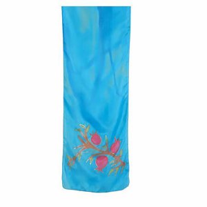 Yair Emanuel Painted Silk Scarf Small Size Pomegranates Design Turquoise