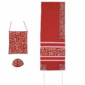 Yair Emanuel Embroidered Raw Silk Women Tallit with Tallisack - Flowers Maroon 16" x 70"