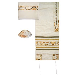 Yair Emanuel Embroidered Raw Silk Tallit - Star of David and Rainbow - Gold 16" x 70"