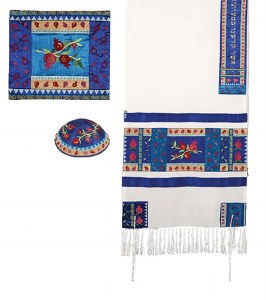 Yair Emanuel Raw Silk Tallit Set with Full Embroidery - Multicolor Pomegranates 20"x75"