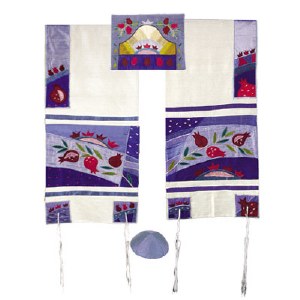 Yair Emanuel Embroidered Raw Silk Tallit Set - Pomegranates in Blue 17" x 75"