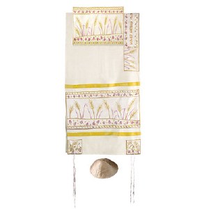 Yair Emanuel Embroidered Raw Silk Tallit Set - Sheaves of Wheat 34" x 75"