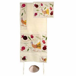 Yair Emanuel Embroidered Raw Silk Tallit Set - Birds Gold 34" x 75"