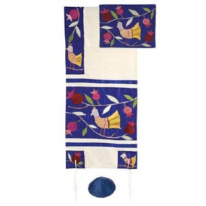 Yair Emanuel Embroidered Raw Silk Tallit Set - Birds Blue 34" x 75"