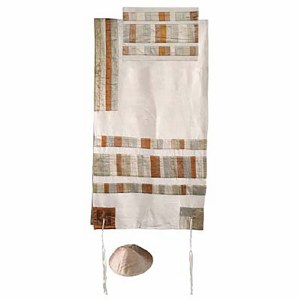 Yair Emanuel Raw Silk Appliqued Stripes Tallit Set - Gold 21" x 77"
